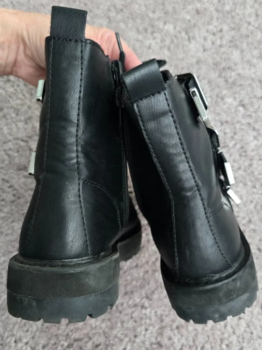 Zara Black Triple Buckle Combat Boots Faux Leather Moto Punk Goth Side Zip 34